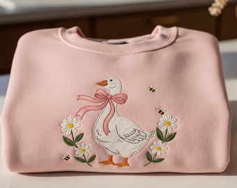 Cottagecore Goose and Flowers Embroidered Sweatshirt