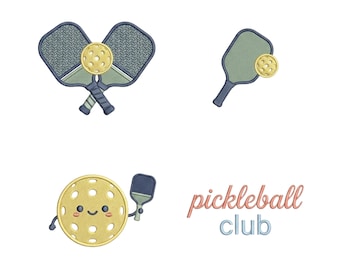 May include: An image featuring pickleball-themed designs. It includes crossed paddles and a ball, a single paddle and ball, and a smiling ball with a paddle. The text "pickleball club" is also present. The image text indicates sizes of 4, 5, 6, and 7 inches.