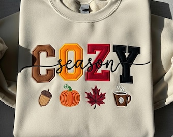 Cozy Season Fall Sweatshirt | Autumn Embroidered Pumpkin Leaf Coffee Pullover | Thanksgiving Sweater