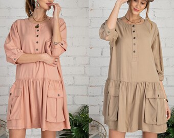 Safari Ultra Soft Tencel Oversize Dress, Utility Mini Dress, Half Button Down Cargo Babydoll Shirt Dress, Colored Tencel Denim Shift Dress