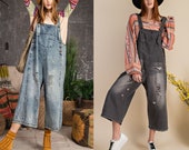 Sanforized washed denim overalls, distressed detail cute relaxed workwear, Vintage utility retro wide leg cotton jumpsuits pants with pocket