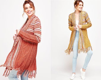 Aztec print boho knit sweater cardigan with tassel bottom, aztec tribal sweater cardigan, winter fringe bohemian kimono