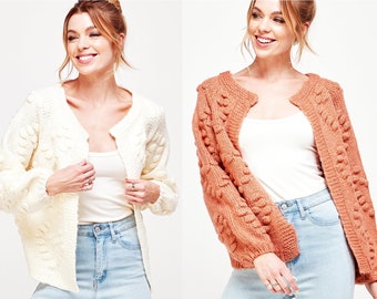 Heart PomPom Open Cardigan, Heart Popcorn Cardigan, Heart Shape Patterned Balloon Sleeve Chunky Pom Pom Sweater Knit Cardigan for Women