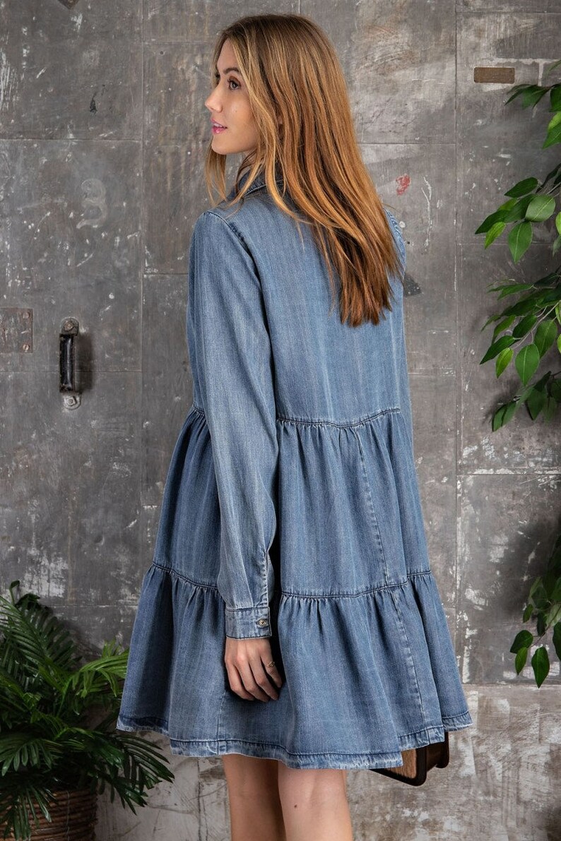 Soft Tencel Denim Shirt Babydoll Dress Washed denim button image 6
