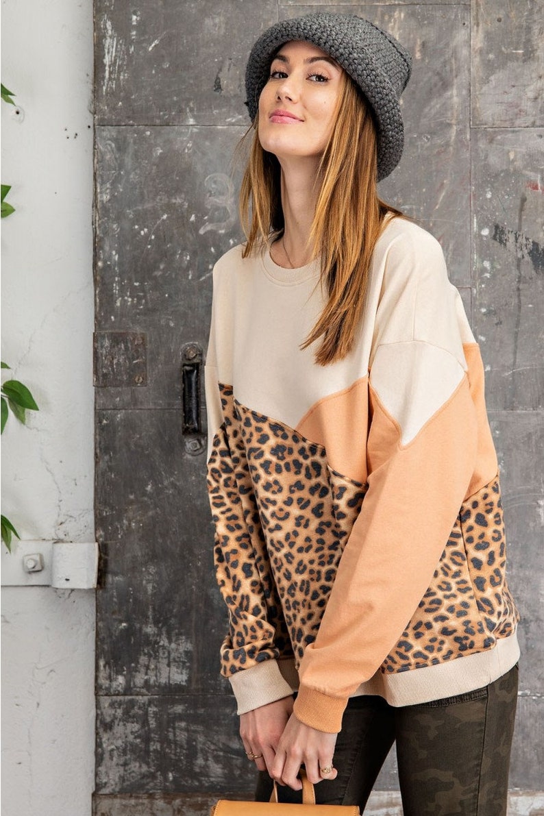 leopard print winter spring top leopard multi color mixed top Leopard Mixed Color Block Long sleeves french terry sweatshirt pullover