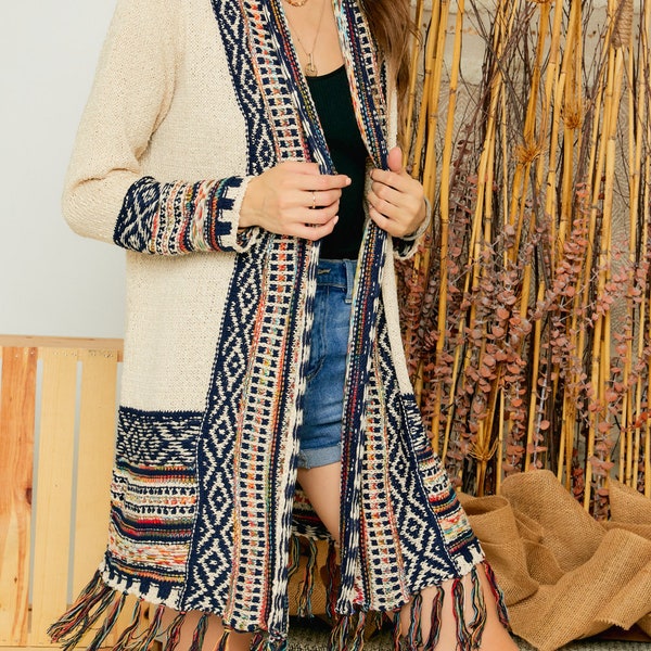 Aztec pattern sweater knit boho cardigan with fringes, Aztec tribal patterned knit cardigan, winter tassel fringe kimono, long cardigan
