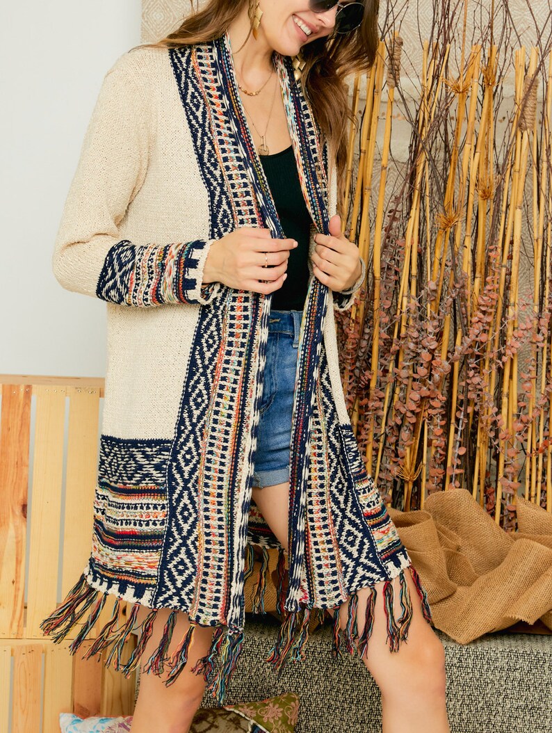 Aztec pattern sweater knit boho cardigan with fringes Aztec Etsy.de