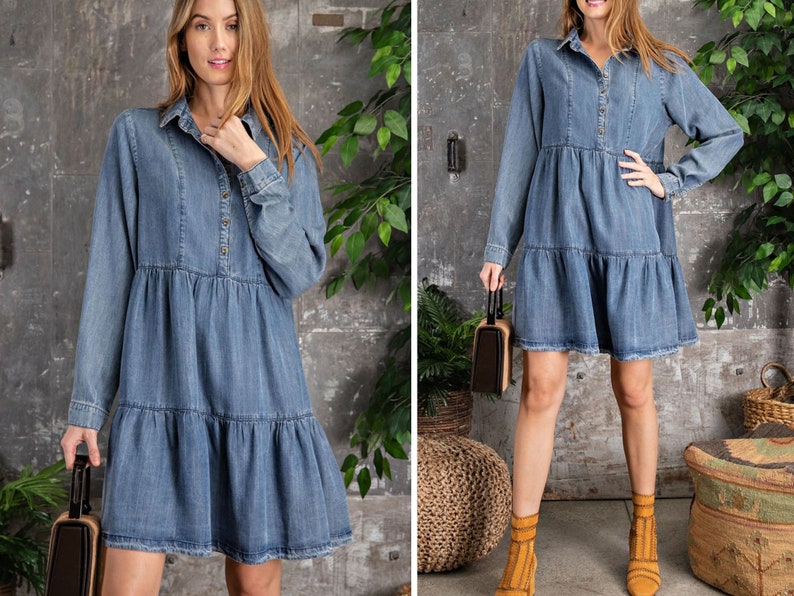 Soft Tencel Denim Shirt Babydoll Dress Washed denim button image 1
