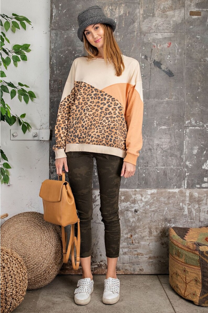 leopard print winter spring top leopard multi color mixed top Leopard Mixed Color Block Long sleeves french terry sweatshirt pullover