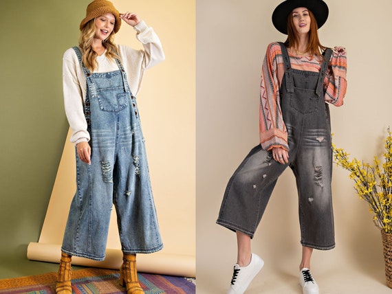Soft Light Denim Overalls Distressed 