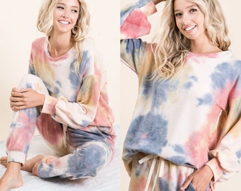 Super Soft Tie dye brushed terry top and bottom set fleece sweatshirt and jogger set loungewear matching set two pieces set top & pants set