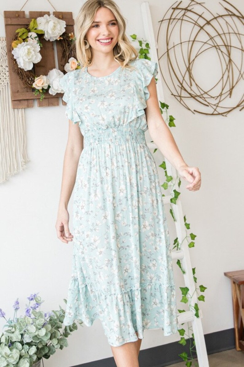 Floral Print Frilled Top Smocked Waist Midi Dress Ditsy Print - Etsy