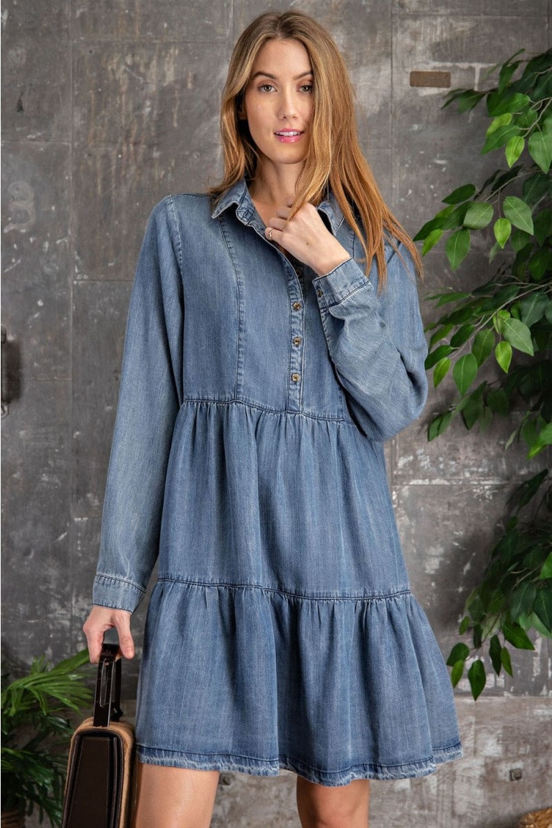 Soft Tencel Denim Shirt Babydoll Dress Washed denim button image 3