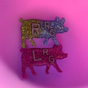 May include: Two glitter pig figurines, one gold and blue with the letters "RRG" and one pink with the letters "LRG".