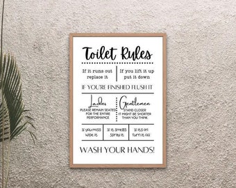 Toilet Rules Print, bathroom sign, bathroom art, wc sign