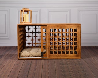 Mid-Century Dog Crate with Sliding Door – Wooden Pet Furniture, Star Cutout Pattern
