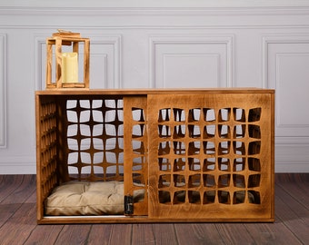 WLO® White & Ivory  Gabled Modern Dog Crate, Premium Wooden Dog Crate with Free Customization, Gift Cushion Covers