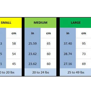 May include: A sizing chart table with six columns labeled X-Small, Small, Medium, Large, X-Large, and XX-Large. Each column displays width, height, and depth measurements in inches and centimeters, along with breed weight ranges in pounds.