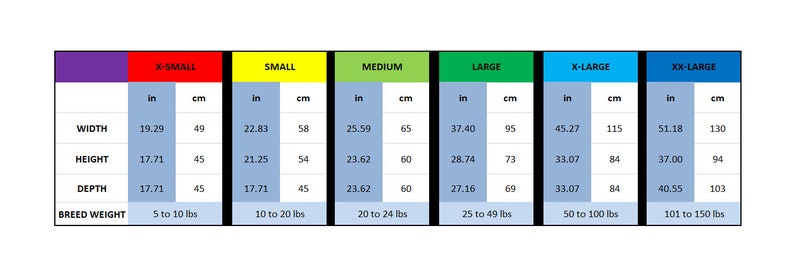 May include: A sizing chart table with six columns labeled X-Small, Small, Medium, Large, X-Large, and XX-Large. Each column displays width, height, and depth measurements in inches and centimeters, along with breed weight ranges in pounds.