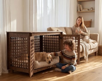 Mid century modern wooden short dog crate -English oil