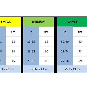 K&ouml;nnte beinhalten: Eine Gr&ouml;&szlig;entabelle mit sechs Spalten, beschriftet als X-Small, Small, Medium, Large, X-Large und XX-Large. Jede Spalte zeigt Breiten-, H&ouml;hen- und Tiefenma&szlig;e in Zoll und Zentimetern sowie Gewichtsbereiche f&uuml;r Rassen in Pfund an.