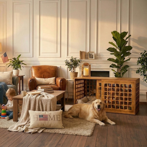 Gabbia per cani in legno in stile moderno di metà secolo - Mobili per animali domestici da interno