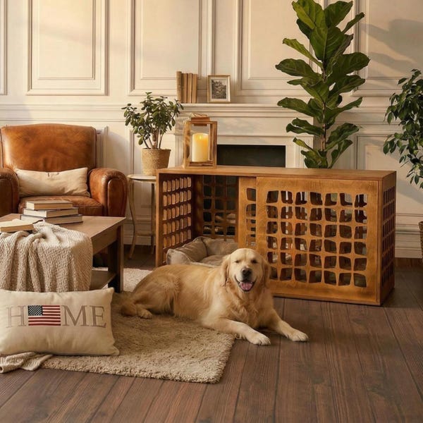 Mid-Century Modern Wooden Dog Crate – Indoor Pet Furniture