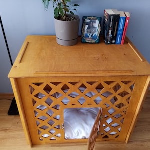 May include: A light brown wooden pet crate featuring a decorative lattice pattern on the front panel, a hinged door, and a soft white interior cushion. The top surface holds a potted plant, a framed photograph, and three books standing upright.
