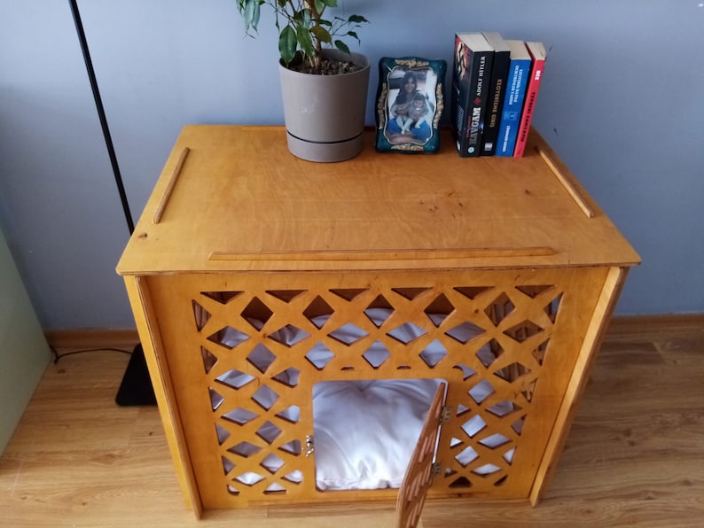 May include: A light brown wooden pet crate featuring a decorative lattice pattern on the front panel, a hinged door, and a soft white interior cushion. The top surface holds a potted plant, a framed photograph, and three books standing upright.