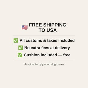 May include: A graphic display featuring the text FREE SHIPPING TO USA with a small American flag icon. Below are three green checkmarks followed by the text All customs & taxes included, No extra fees at delivery, and Cushion included &mdash; free.