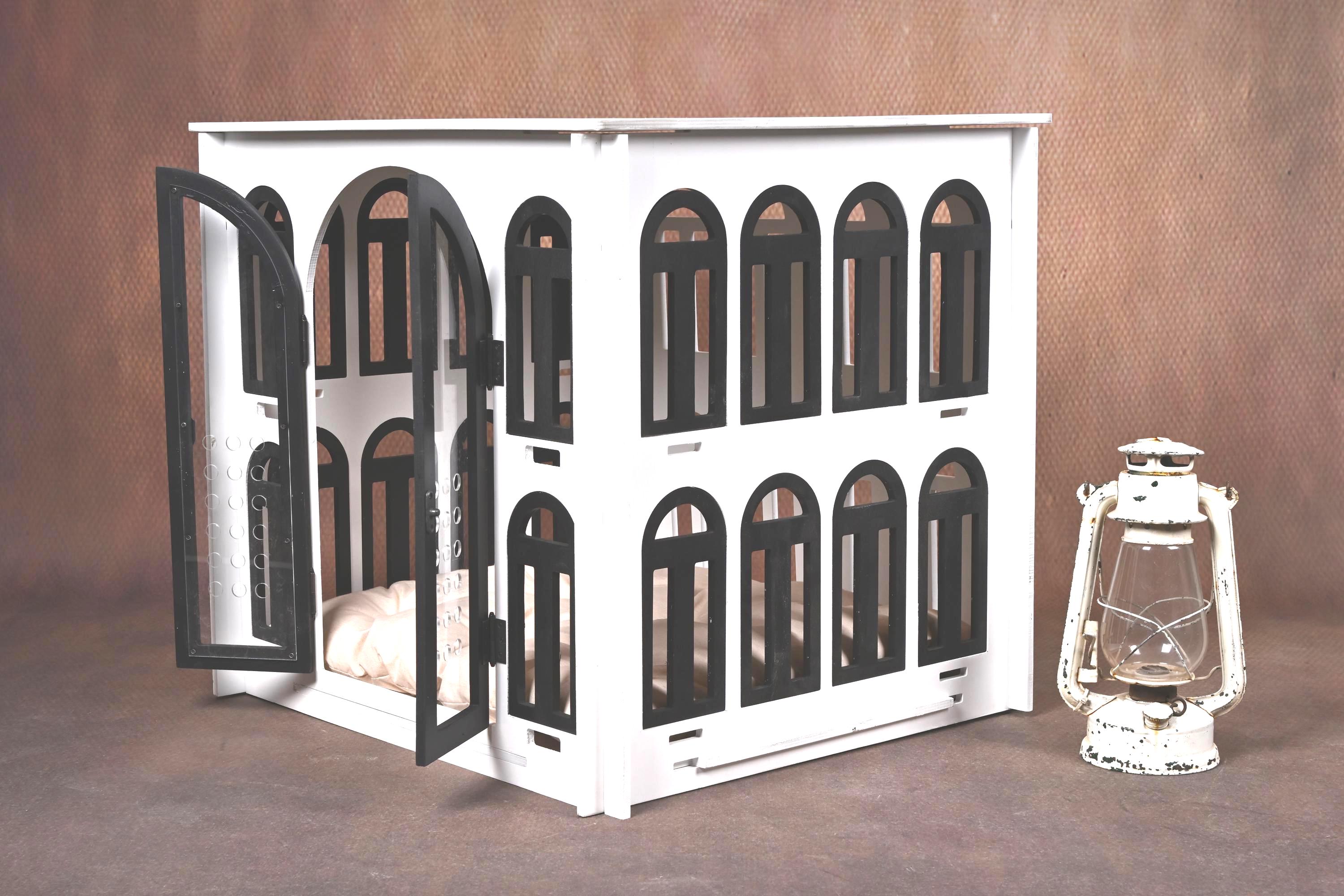 Miami Dog House - White Villa Style Pet Crate with Arched Windows & Acrylic Doors