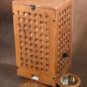 Kibble Dispenser, A mid-century modern dog kibble storage and dispenser system, dog lovers, cat lovers, dog crate, dog crate furniture