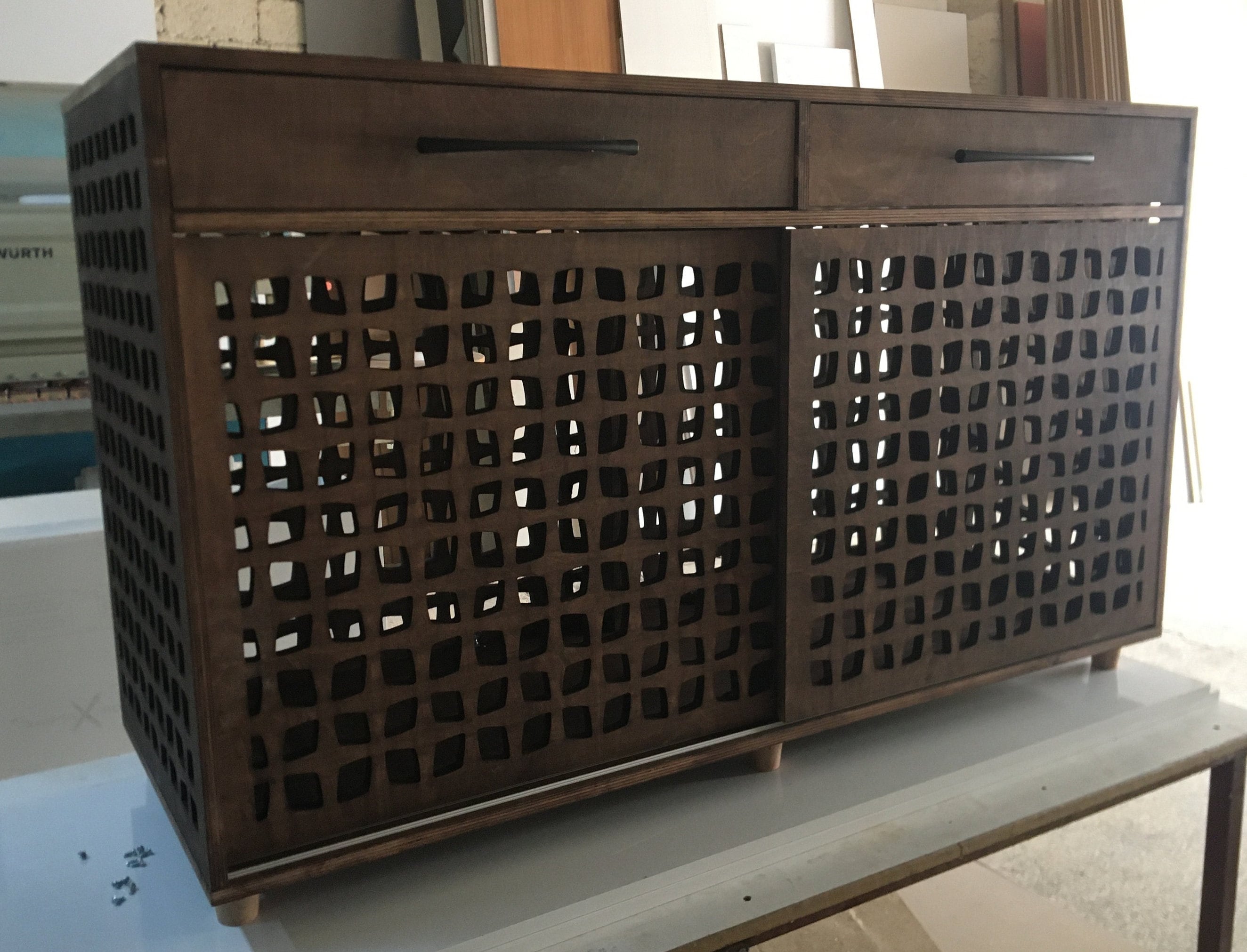 Modern Wooden Double Dog Crate Furniture With Drawers - 60" Wide Handmade Pet House