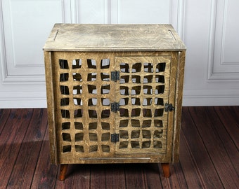Wooden Dog Crate End Table – Lattice Pet Cabinet with Solid Top