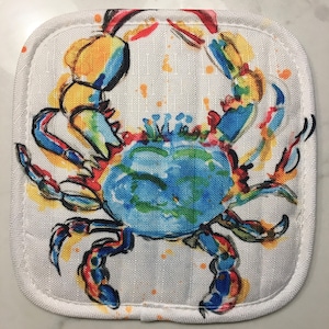 May include: A colorful watercolor painting of a blue crab on a white background. The crab is painted in shades of blue, red, yellow, and green. The background is a white canvas with a subtle texture.