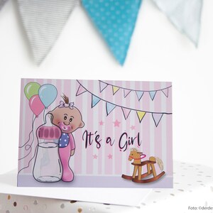 Carte de naissance | C'est une fille avec enveloppe | Carte de félicitations pour la naissance d'un bébé | Cadeau pour nouveau-né | Carte de naissance