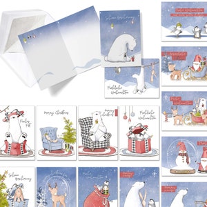 Cartoline di Natale con set di buste - 15 cartoline pieghevoli divertenti e belle | Cartoncini doppi con busta "Animali nella neve" | Ogni carta è individuale