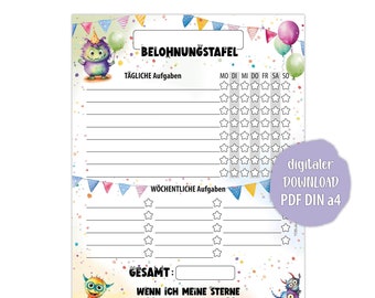 Tablero de recompensas digital Monstruos lindos – Descarga de PDF motivacional para niños