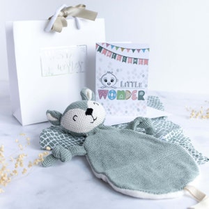 Coffret Cadeau Naissance Bébé Garçon - Couverture Doudou Carte de Félicitations Sac Cadeau en Tissu | 100% coton et matières naturelles