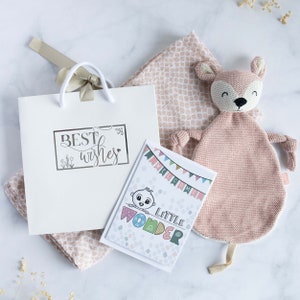 Geschenkset Baby Geburt Mädchen - Schnuffeltuch Glückwunschkarte  Spucktuch Geschenktasche | 100% Baumwolle & Naturmaterialien
