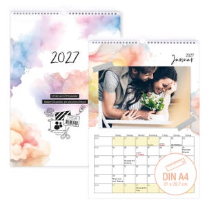 May include: A 2027 DIY wall calendar with a watercolor-style pastel background. The calendar features a spiral binding, a photo of a couple, and a grid for January 2027. A circular graphic indicates the size is DIN A4, measuring 21 x 29.7 cm.