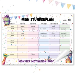 Könnte beinhalten: Ein farbenfroher, druckbarer Stundenplan im Monster-Design. Der Stundenplan ist in Wochentage und Tageszeiten unterteilt. Der Text "Mein Stundenplan" befindet sich oben auf dem Stundenplan. Der Text "Klasse: 4b" befindet sich oben rechts auf dem Stundenplan.