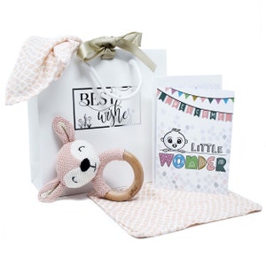 Set regalo per bambina natale - anello per dentizione/sonaglio, biglietto di congratulazioni, sacchetto regalo in stoffa per ruttino | 100% cotone e materiali naturali
