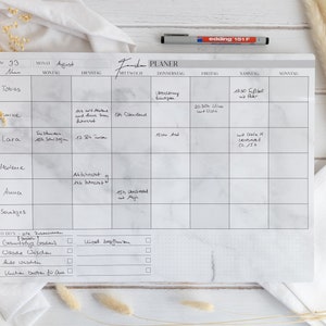 A3 family planner wipeable including pen - for 6 people weekly planner 100% paper