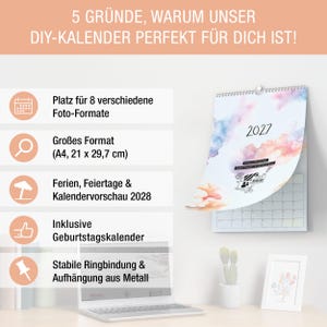 May include: A wall calendar for the year 2027 with a watercolor-style cover, featuring a metal ring binding and hanger. The image includes text in German listing five features, including an A4 size of 21 by 29.7 cm and a birthday calendar.