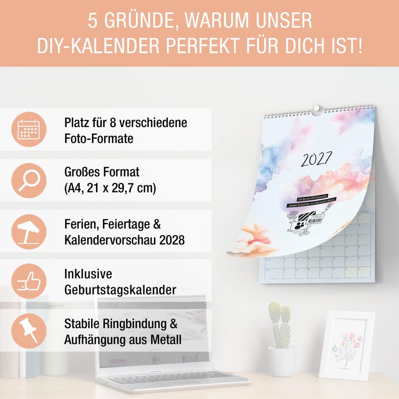 May include: A wall calendar for the year 2027 with a watercolor-style cover, featuring a metal ring binding and hanger. The image includes text in German listing five features, including an A4 size of 21 by 29.7 cm and a birthday calendar.