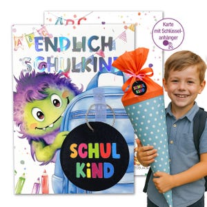 Einschulung Geschenk Jungen Monster – Karte mit personalisiertem Anhänger Name