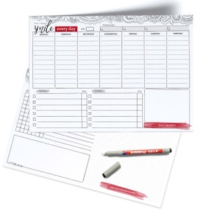 Wipe-clean weekly planner including pen