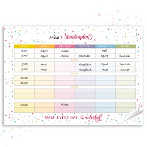 Könnte beinhalten: Eine bunte Wochenstundenplan-Vorlage für eine Schülerin namens Mila. Die Vorlage enthält eine Zeitspalte, Wochentage und Fachbezeichnungen. Die Vorlage ist mit buntem Konfetti verziert.