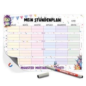Puede incluir: Pizarra magnética de horario semanal con las palabras "Mein Stundenplan" y "Monster Motivation". La pizarra presenta un tema de monstruos con varios monstruos de dibujos animados y un diseño colorido. Incluye un rotulador rojo y negro.